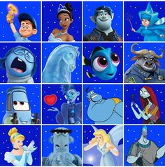 the characters from disney's animated movie, inside out in blue and surrounded by stars