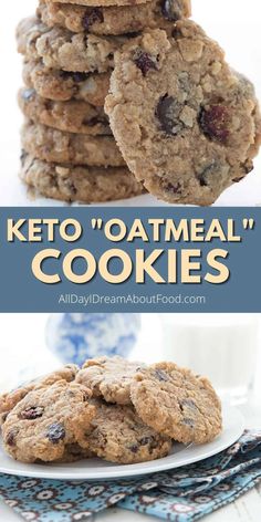 keto oatmeal cookies stacked on top of each other with the title above it