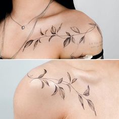 two pictures of the back of a woman's shoulder with leaves on it