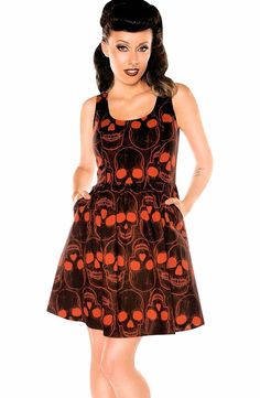 Folter Clothing fun Gothic Rockabilly red skulls dress. Fun Fall Halloween Party Dress. 100% Cotton full skirt dress with zipper back. Sizing runs small, if in between sizes order up. Sizes: See Size Chart in Images. Front pockets in skirt. Made in USA Gothic Rockabilly, Sugar Skull Dress, Fall Halloween Party, Halloween Party Dress, Spooky Night, Skull Dress, Punk Dress, Halloween Clothing, Full Skirt Dress