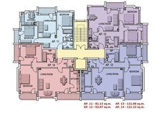 the floor plan for an apartment building with three floors and four bedroom, two bathrooms