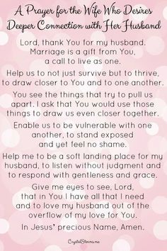 a poem written in pink and white with polka dots on the background that says prayer for wife who deserves deeper connection with her husband