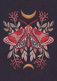 a red moth sitting on top of a leafy plant next to a crescent moon