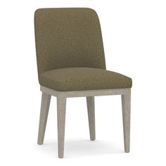 a wooden chair with a green upholstered seat and back rest on an isolated white background