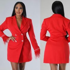 Rhinestone And Feather Details. Beautiful Vibrant Red Small- Large Available Blazer Dress With Feather Trim, Luxury Red Blazer For Semi-formal Occasions, Red Lapel Collar Outerwear For Semi-formal, Fitted Red Long Sleeve Blazer Dress, Elegant Red Dress With Feather Trim, Red Blazer Dress, Luxury Red Single-breasted Blazer, Womens Tennis Dress, Francescas Dresses