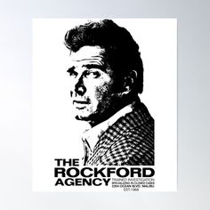 a black and white poster with an image of the rockford agent on it's back