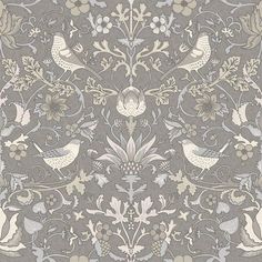 an ornate wallpaper with birds and flowers on grey, beige and white colors scheme