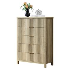 an image of a wooden dresser with drawers and vases on top of it in front of a white background