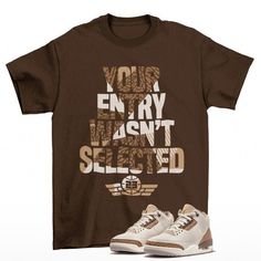 Sneaker Raffle Jordan 3 Palomino Orewood Brown Sneaker Matching Tee Shirt  The unisex soft-style t-shirt puts a new spin on casual comfort. Made from very soft materials, this tee is 100% cotton for solid colors. Heather colors and sports grey include polyester. The shoulders have twill tape for improved durability. There are no side seams. The collar is made with ribbed knitting to prevent curling damage.  .: 100% ring-spun cotton (fiber content may vary for different colors) .: Light fabric (4.5 oz/yd² (153 g/m .: Eurofit .: Tear-away label .: Runs true to size Our custom designs are printed on Gildan t-shirts/sweatshirts. This is a custom item. We do not start production on this item until you make your purchase. *Please message us before leaving a negative review so we can fix the issu Jordan 3 Palomino, Basketball Clothing, Jordan 3s, Unique Sneakers, Basketball Clothes, Sneaker Match Tees, Brown Shirt, Brown Outfit, Matching Tees