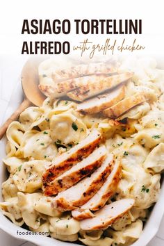 chicken alfredo in a white bowl with text overlay