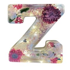 the letter z is decorated with flowers and leaves on it's side, while the number