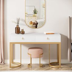 a dressing table with a mirror and stool