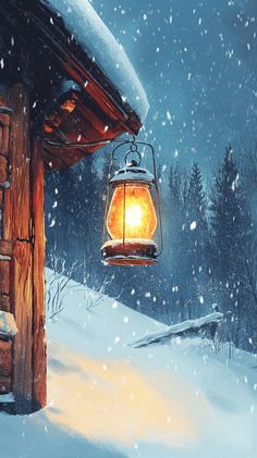 a lit lantern hanging from the side of a cabin roof in front of snow covered trees