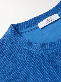 DESIGNED BY MR PORTER. Mr. P's T-shirt adds interest to your outfits with its texture and vibrant colourway. It's knitted from cotton with a plush feel and is designed with a classic crew neckline. Blue Cotton Sweatshirt With Ribbed Neckline, Textured Knit Crew Neck Top, Knit T-shirt With Ribbed Crew Neck, Cotton Crew Neck Sweater With Jacquard Knit, Modern Ribbed Cotton Tops, Blue Cotton T-shirt With Ribbed Cuffs, Relaxed Fit Textured Knit T-shirt With Crew Neck, Modern Knit Tops With Ribbed Cuffs, Short Sleeve Cotton Sweater With Textured Knit