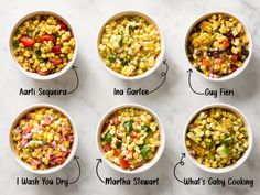 six bowls filled with different types of food