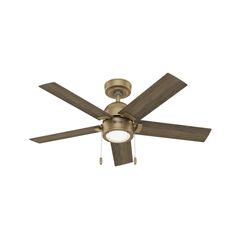 a ceiling fan with two wooden blades and a light on the bottom one is turned off