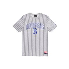 The Brooklyn Dodgers Throwback Gray Pinstripe T-Shirt features an embroidered Dodgers wordmark above an embroidered team logo at the front.Fabric: 63% Cotton, 37% Polyester Blue College T-shirt With Embroidered Logo, Sporty Striped T-shirt For Streetwear, Sporty Signature Stripes Tops For College, Striped Three Stripes T-shirt For Streetwear, Contrast Stripes Crew Neck T-shirt For Streetwear, Striped T-shirt With Three Stripes For Streetwear, Varsity Crew Neck Top With Stripes, Three Stripes Crew Neck T-shirt For Sports Season, Game Day T-shirt With Embroidered Logo