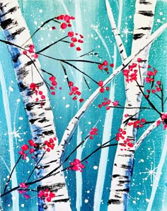 a painting of two birch trees with red berries on the branches and snowflakes in the background