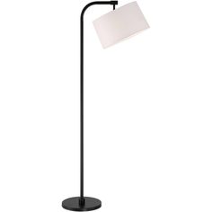 a black floor lamp with a white shade