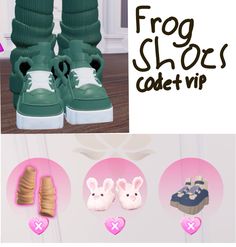 the shoes are green and white with pink hearts on them, along with two pictures of different types of shoes