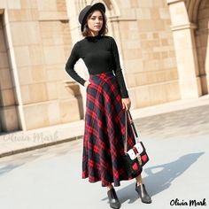 Olivia Mark - Winter Plaid Maxi Skirt: High-waisted, Slim-fit Wool Midi Skirt for Layering Fall Thrift, Maxi Skirt Winter, Mother May I, Plaid Maxi Skirt, Outfits For Christmas, Long A Line Skirt, Winter Maxi, Plaid Skirt Outfit, Plaid Midi Skirt