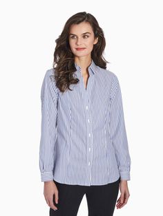 Striped Easy-Care Button-Up Shirt – Jones New York Classic Long Sleeve Shirt With Back Button Closure, Fall Button-up Dress Shirt For Office, Fall Season Button-up Dress Shirt, Fall Office Dress Shirt With Button-up Shape, Fall Season Office Button-up Dress Shirt, Fall Office Dress Shirt Button-up, Tailored Button-up Blouse For Business Casual, Classic Fall Shirt With Back Button Closure, Professional Button-up Shirt For Work