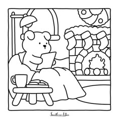 a coloring page with a teddy bear sitting at a table in front of a window