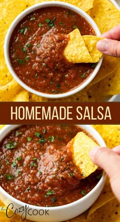 A collage of homemade salsa with a chip being dipped into it. Csid Recipes, Hot Salsa Recipes, Best Homemade Salsa, Blender Salsa, Salty Marshmallow, Fresh Salsa Recipe, Marshmallow Recipes, Easy Salsa Recipe