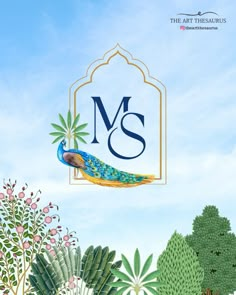 a painting of a peacock with the letter m's above it, surrounded by trees and bushes