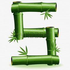 the letter e is made up of bamboo sticks with leaves on top and below it