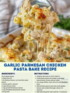 the recipe for garlic parmesan chicken pasta bake is being lifted with a fork