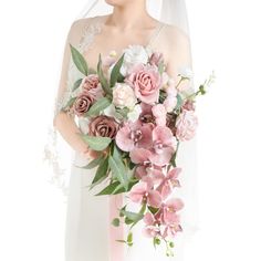 PRICES MAY VARY. Package: A 15" bridal bouquet with 2 ribbons wrapped on a card. Easy to add your bouquet ribbon warp style. Size: The bouquet is 15" wide by 20" tall (Including sagging greenery). The ribbons: 1.5" W x 5ft L for the dusty rose, and white. Material: Made of high-quality silk/foam flowers and silk greenery. Silk flowers include dusty rose chorale rose, dusty rose Austin rose, white camellia, blush cladding ranunculus, white cladding ranunculus, dusty rose phalaenopsis. Foam flower Dusty Rose Bridal Bouquet, Bridal Bouquet Cascading, Pink Orchid Wedding, Bouquets For Wedding, Orchid Bouquet Wedding, Artificial Bridal Bouquets, Cascading Bridal Bouquets, Cascading Wedding Bouquets, Rose Bridal Bouquet