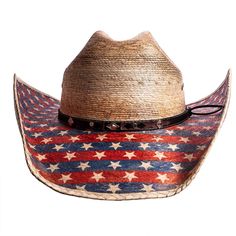 If you love this country, you'll love this Patriot hat! A straw cowboy hat with stars and stripes on the brim with a tasteful black and brown hatband. Also has silver pieces on the hatband American Style Adjustable Hat With Flat Brim, American Style Adjustable Flat Brim Hat, Western Style Sun Hat For Rodeo, Western Style Straw Cap For Country Events, Country Style Sun Hat For Country Events, Adjustable American Hat With Curved Brim, Country Style Cap Straw Hat For Country Events, Western Brown Straw Hat, Adjustable Country Style Hat Bands For Country Festivals