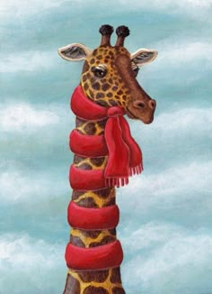 a painting of a giraffe wearing a red scarf