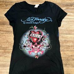 Ed Hardy Vintage Tshirt Love Kills Slowly Skull And Hearts On The Front Of The Shirt Unisex Sz Large Worn One Time For A Photoshoot No Holes, Rips, Or Stains Non-Smoking Home And Pet-Free Home Feel Free To Message Me With Any Questions Clothes Crop Tops, Ed Hardy Shirt, Hardy Shirts, Love Kills Slowly, Cute Black Shirts, Vintage Ed Hardy, Love Kills, Clothing Needs, Shoes Cool