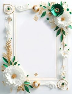 a white frame with flowers and green leaves on the edges is surrounded by gold trimmings