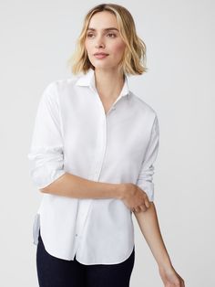 Worn by style icons of the past and present, there's something so timeless about a classic button-down shirt. Our newest addition to the line up is crafted in 100% cotton with a drop shoulder that's somewhere between structured and relaxed. For a menswear-inspired look, cuff the sleeves. | J.McLaughlin Women's Finn Shirt White, Size Medium | Cotton Timeless Button-up Tops With Placket, Timeless Relaxed Fit Button-up Shirt, Timeless Relaxed Fit Tops With Button Closure, Timeless Cotton Tops With Placket, Timeless Collared Shirt With Placket, Timeless Business Casual Tops With Button Closure, Modern Button-up Shirt For Daywear, Timeless Cotton Dress Shirt With Fold Down Collar, Timeless Cotton Button-up Dress Shirt