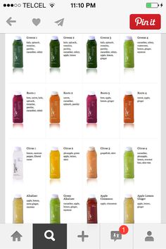 an iphone screenshot shows the different types of juices in each bottle, and what they are labeled