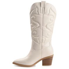 A classic cowgirl bootie reimagined for the modern fashionista, the Chantry by Journee Collection. This pointed-toe boot with western stitch details and soft vegan leather is the most stylish way to embrace your country roots. A block heel and a 4 mm Tru Comfort Foam footbed add comfortable height to this mid-calf design. | Journee Collection Women's Chantry Boots, Beige, 10M Pointed Toe Mid-calf Boots With Reinforced Heel For Rodeo, Square Toe Heeled Boots For Western-themed Fall Events, Fall Square Toe Heeled Boots For Western-themed Events, Wide Calf Mid-calf Boots With Pointed Toe For Ranch, Western Wide Calf High Heeled Boots, Western Style Heeled Boots With Wide Calf, Western Style High Heel Boots For Wide Calves, Spring Western Ankle Heeled Boots, Western Style Wide Calf Heeled Boots