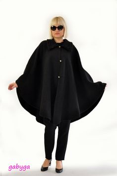 Woman autumn winter, spring cape,coat ! Nice soft 100% WOOL fabric. Maxi cape. Elegant black cape. So chick and sexy. Black cape with black made Classic Wool Cape For Winter, Wool Cape For Formal Occasions, Formal Wool Cape Outerwear, Classic Winter Cape For Work, Classic Winter Workwear Cape, Elegant Cape-style Outerwear With Buttons, Classic Long Sleeve Fall Cape, Wool Cape For Cold Weather, Classic Cape Outerwear For Work