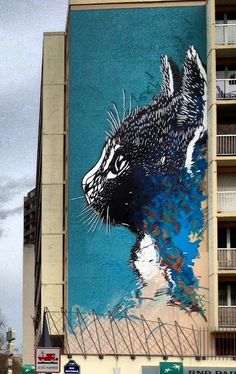 a large painting on the side of a building with a cat in it's reflection