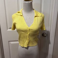 New With Tags Ribbed And Stretchy The Yellow Color Is Represented In The First Pictures (Looks Washed Out In The Other Ones) Spring Ribbed Button-up Tops, V-neck Stretch Top With Button Closure, Stretch V-neck Tops With Button Closure, Ribbed Collared Top For Summer, Summer Ribbed Top With Collared Neckline, Summer Ribbed Tops With Collared Neckline, Knit Tops With Button Closure For Day Out, Collared Knit Tops With Buttons, Trendy Knit Top With Button Closure For Spring