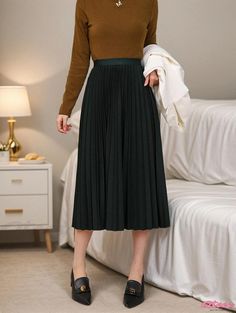 Qteee - Simplistic High-Waisted Pleated Skirt: Elegant and Versatile Midi Skirt Green Solid Color Skirt For Fall, High-waist Stretch Pleated Skirt For Fall, High Waist Stretch Pleated Skirt For Fall, High Waist Pleated Skirt For Fall, Non-stretch Solid Color Skirt For Fall, Solid Color Non-stretch Skirt For Fall, Fall High-waist Solid Color Pleated Skirt, Solid Color Stretch Midi Pleated Skirt, Stretch Solid Color Winter Skirt