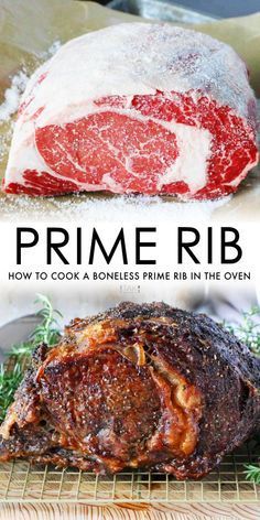 prime rib roast on a cutting board with rosemary sprigs in the foreground and how to cook a boneless prime rib in the oven