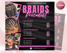 Braids Price List Flyer Templates | Beauty Salon Hair Stylist Pricing DIY Bundle Makeup MUA Design Boutique Social Media Editable Canva ▶ SIZE OF THE TEMPLATE: ✔ 1080 X 1080 Px This flyer template is a downloadable digital file that can be edited using Canva. It can be customized with your information and branding. Canva is a free and user-friendly online design tool. The template includes a Canva template file, a PDF file with a link to edit the template, and lifetime access to the template. Pl Hair Business Price List, Hair Price List Ideas Braids, Business Flyer Design Ideas, Hair Price List Ideas, Braids Price List, Braid Business, Hair Price List, Boutique Social Media, Hair Salon Prices