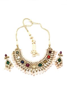 Festive Wedding Jewelry Sets With Gemstones, Elegant Multicolor Jewelry Sets For Diwali, Multicolor Gemstone Jewelry For Ceremonial Occasions, Multicolor Gemstone Jewelry For Ceremonial Use, Bollywood Gemstone Jewelry Sets For Wedding, Elegant Multicolor Gemstone Temple Necklace, Bollywood Style Wedding Jewelry Sets With Gemstones, Kundan Chandbali Jewelry With Stones, Elegant Multi-stone Jewelry For Diwali