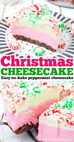 christmas cheesecake with candy canes and peppermint on top is cut in half