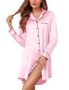 PRICES MAY VARY. 【Silk Pjs Material】This silk satin nightgown is made of 96% Polyester, and 4% Other Fibers. Soft, breathable, and skin-friendly nightshirt for women, perfect for sleeping or lounging at home. 【Boyfriend Nightshirt Style】Sleep shirts for women, Boyfriend nightshirts, Feature with notch collar, V neck button front, one chest pocket with contrast piping, knee length, and curved high-low hem design. The button down nightgown for women is easy to put on and take off, perfect for nurs Pink Satin Sleepwear For Bedtime, Satin Chemise For Sleepovers, Pink Satin Chemise For Sleep, Spring Long Sleeve Nightgown For Night, Pink Satin Nightgown For Night, Pink Satin V-neck Sleepwear, Summer Long Sleeve Sleep Nightgown, Long Sleeve Summer Robe For Sleepover, Satin Long Sleeve Sleepwear For Night