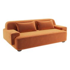 an orange couch with four pillows on it's back and arms, sitting against a white background