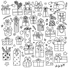 Christmas doodles Stack Of Presents Drawing, Christmas Gifts Drawing, Christmas Doodles Ideas, Cute Christmas Doodles, Christmas Gift Drawing, Gift Doodle, Present Drawing, Christmas Doodle, Doodles Ideas